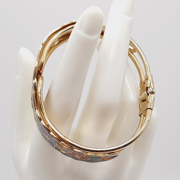 Vintage Cloisonné Hinged Bracelet 6 3/4" Blue Green Floral Enamel Gold Tone - Picture 3 of 10